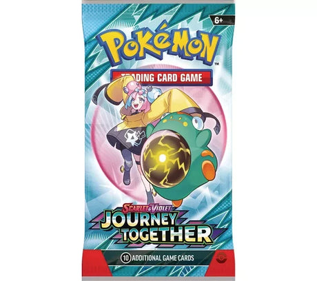 Pokémon Trading Card Game Scarlet and Violet Journey Together booster pack featuring a trainer with a green round creature, Pokémon logo, 10 additional game cards text, on a white background