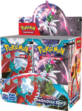 Pokémon TCG Scarlet and Violet Paradox Rift booster display box photographed on a white background, showing the full rectangular box shape with printed graphics and Pokémon Trading Card Game branding