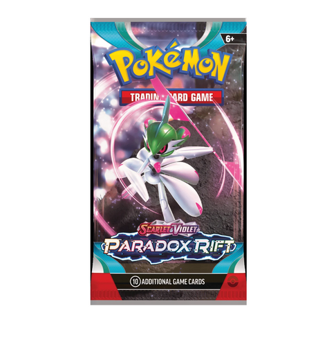 Pokémon TCG Scarlet & Violet Paradox Rift booster pack with green and white Pokémon artwork and 10 additional game cards