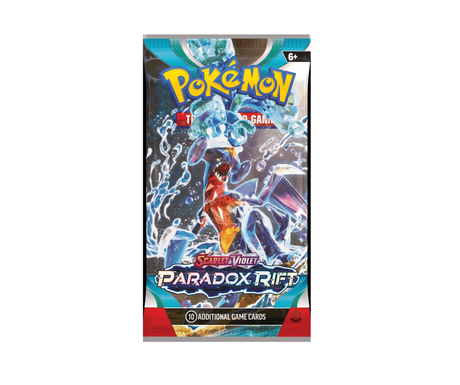 Pokémon TCG Scarlet & Violet Paradox Rift booster pack with lightning-themed Pokémon artwork and 10 additional game cards