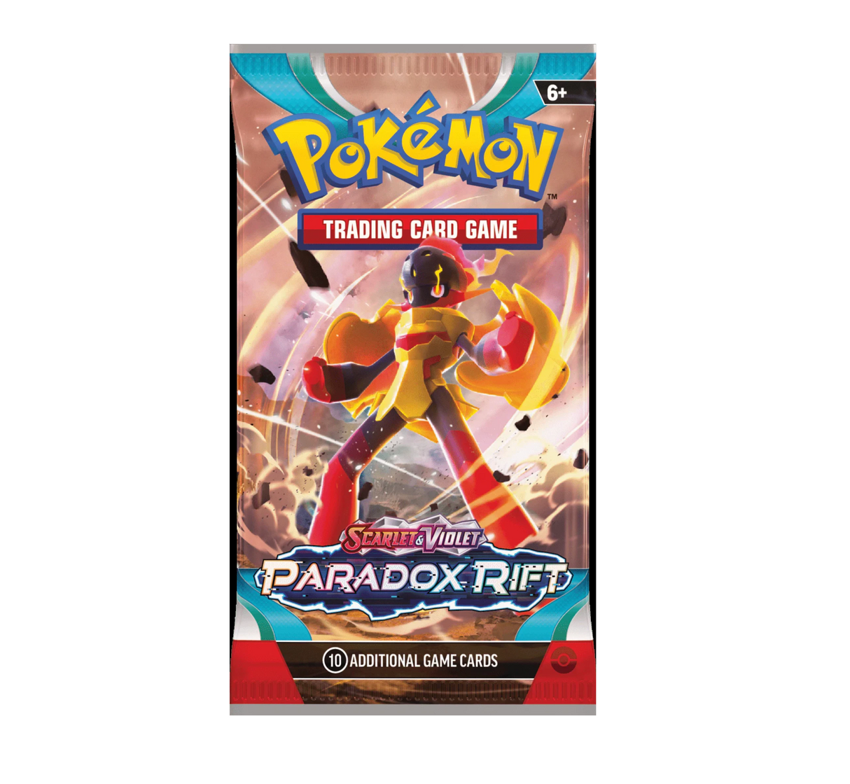 Pokémon TCG Scarlet & Violet Paradox Rift booster pack with robotic Pokémon artwork and 10 additional game cards