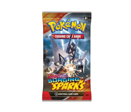 Pokémon Trading Card Game Scarlet and Violet Surging Sparks booster pack showing a metallic illustrated creature with angular shapes and lightning, Pokémon logo, on a white background