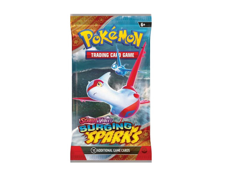 Pokémon Trading Card Game Scarlet and Violet Surging Sparks booster pack featuring a white and red flying illustrated creature above water with a smaller blue flying creature, on a white background
