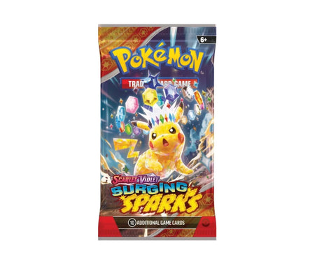 Pokémon Trading Card Game Scarlet and Violet Surging Sparks booster pack showing a yellow illustrated creature with lightning effects, Pokémon logo, 10 additional game cards text, on a white background

