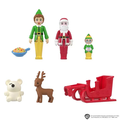 Polly Pocket Elf Compact opened showing Santa’s workshop scene with micro Buddy, Santa, Papa Elf figures and accessories