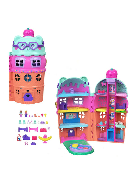 Polly Pocket Gelato House Playset shaped like an ice cream cone with bear design and accessories.