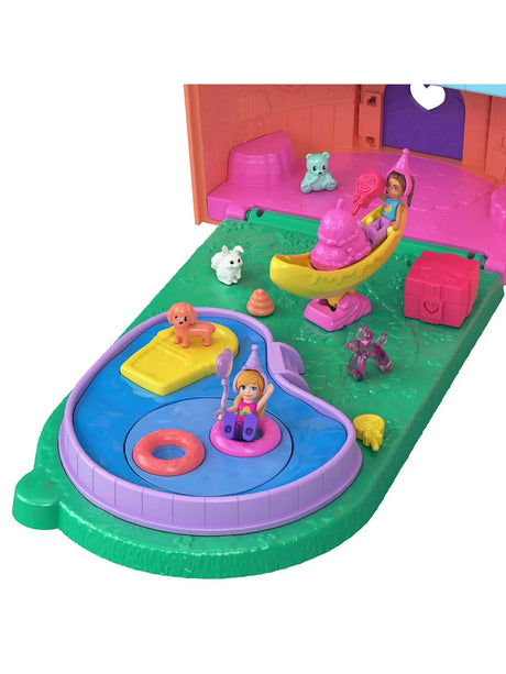Close-up of Polly Pocket Gelato House pool area with dolls, pets, and accessories.