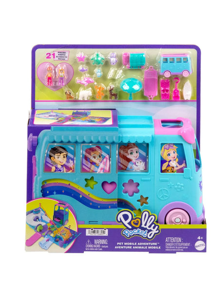 Polly Pocket Pet Mobile Adventure Playset in packaging with camper van, micro dolls, and 21 fun accessories