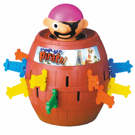 Pop Up Pirate barrel toy showing swords inserted around the sides