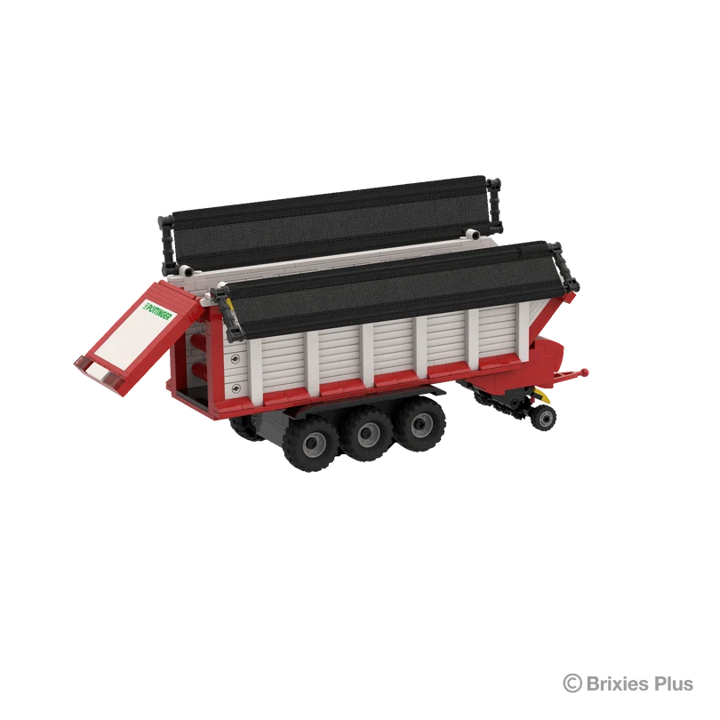 BRIXIES Plus Pöttinger Jumbo shown with the upper black roof sections opened, revealing the top of the loader wagon body