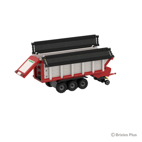 BRIXIES Plus Pöttinger Jumbo shown with the upper black roof sections opened, revealing the top of the loader wagon body