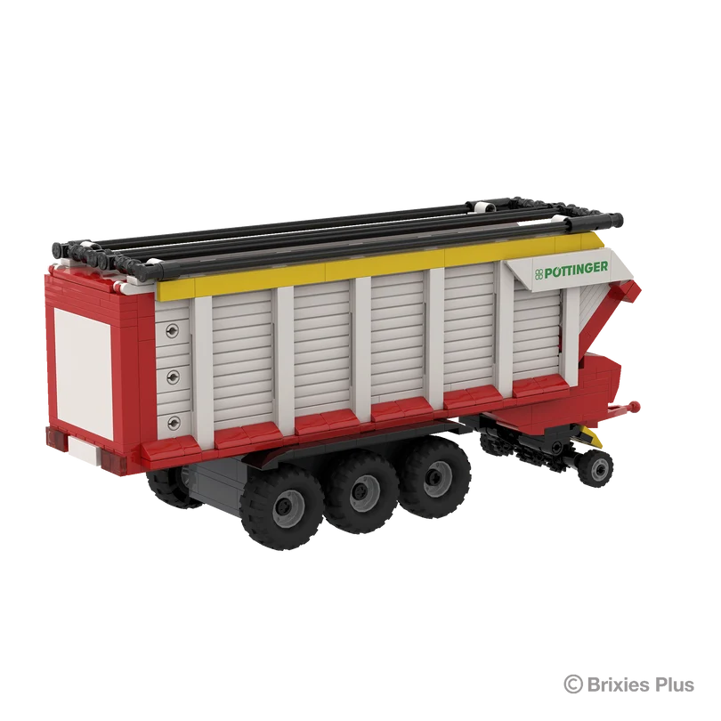 BRIXIES Plus Pöttinger Jumbo viewed from the rear side with the rear panel closed, triple axle wheels and drawbar assembly visible
