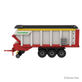 BRIXIES Plus Pöttinger Jumbo in side profile with the drawbar extending to the left, Pöttinger logo, grey body panels and three axles visible