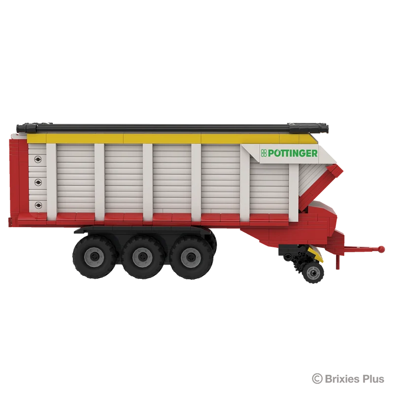 BRIXIES Plus Pöttinger Jumbo loader wagon in full side profile with the drawbar extending to the right, triple axle wheels and grey side panels visible