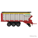 BRIXIES Plus Pöttinger Jumbo loader wagon in full side profile with the drawbar extending to the right, triple axle wheels and grey side panels visible