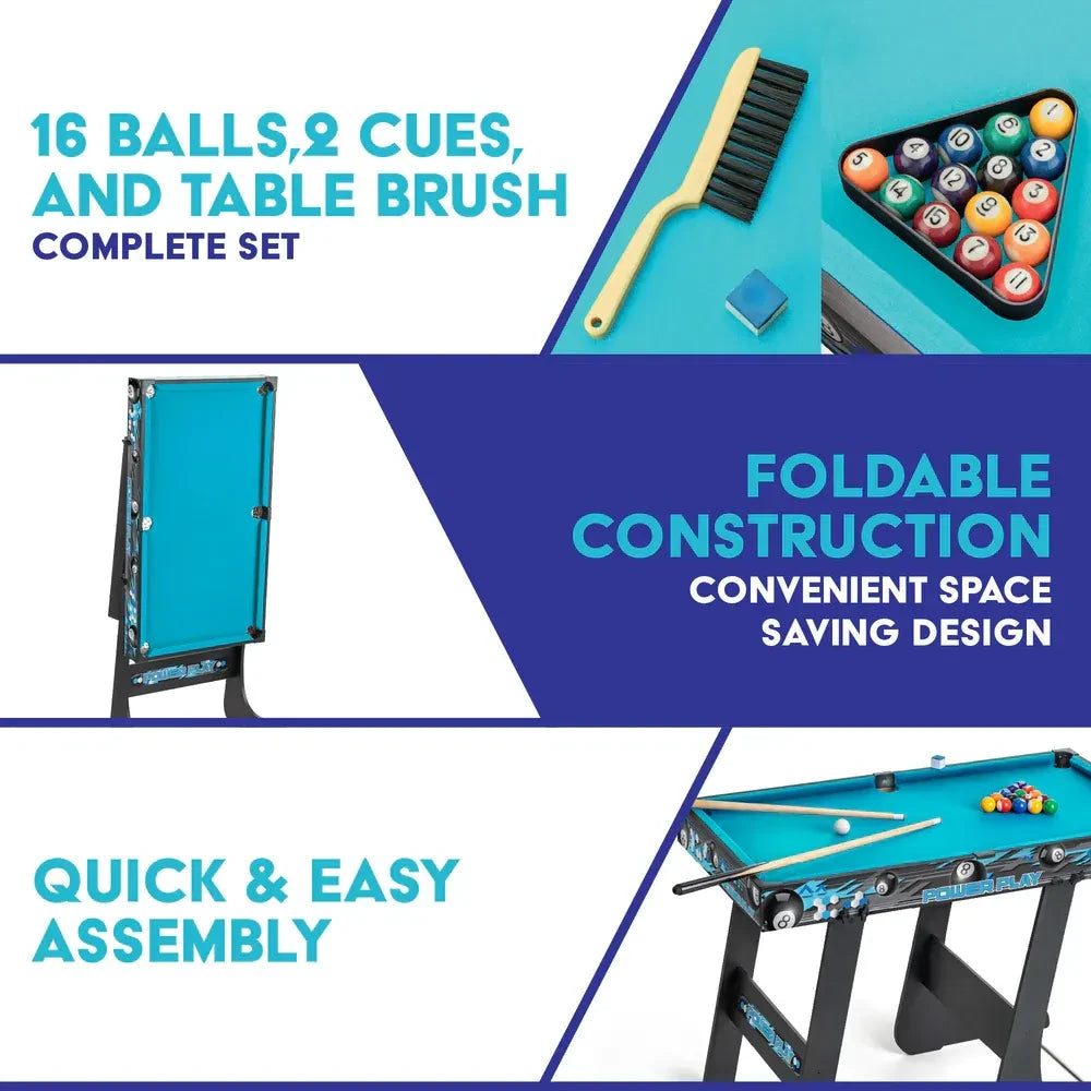 Folding pool table feature image showing balls, cues, table brush and folded table