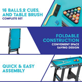 Folding pool table feature image showing balls, cues, table brush and folded table