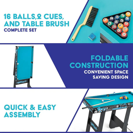 Folding pool table feature image showing balls, cues, table brush and folded table