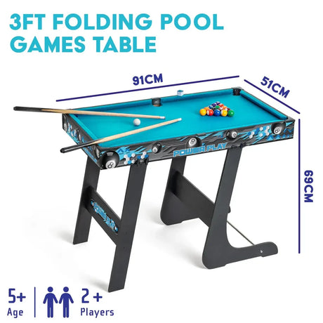 3ft folding pool games table graphic showing 91 cm length, 51 cm width and 69 cm height