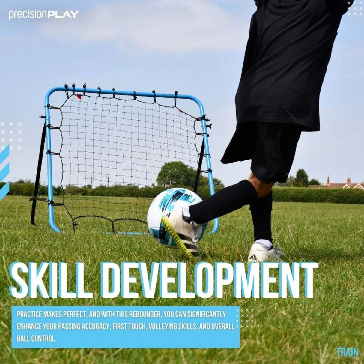 Person kicking a football towards a blue framed rebounder with black netting on grass and Skill development text.