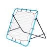 Blue framed football rebounder with black netting shown freestanding from an angled view