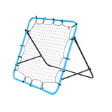 Blue framed football rebounder with black netting shown freestanding from an angled view