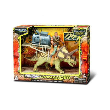 Alternate view of Triceratops figure with rider and battle equipment – Ireland