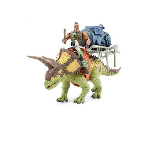 Triceratops toy with mounted action figure and weapons from Primal Clash – Ireland