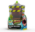 Primal Hatch Megalodon retail packaging featuring a cylindrical grey hatching container with yellow hazard stripes, shark warning symbols and illustrated blue Megalodon with open jaws.