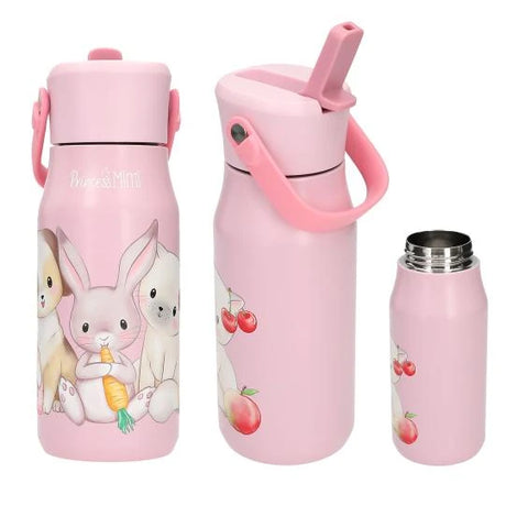 Princess Mimi pink drinking bottle shown from the front, with open straw lid and open bottle body views