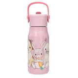 Princess Mimi pink drinking bottle front view with carry handle, bunny and puppy artwork