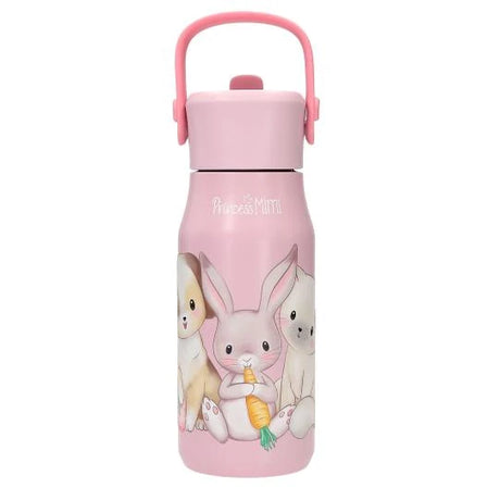 Princess Mimi pink drinking bottle front view with carry handle, bunny and puppy artwork