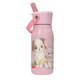 Princess Mimi pink drinking bottle side view with bunny and puppy artwork