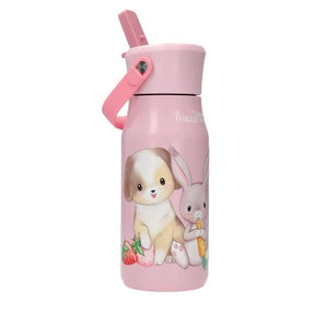 Princess Mimi pink drinking bottle side view with bunny and puppy artwork