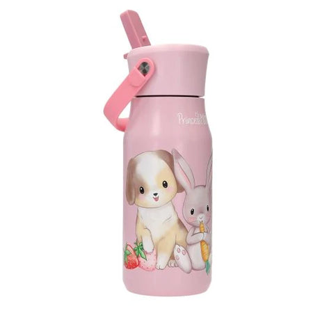 Princess Mimi pink drinking bottle side view with bunny and puppy artwork