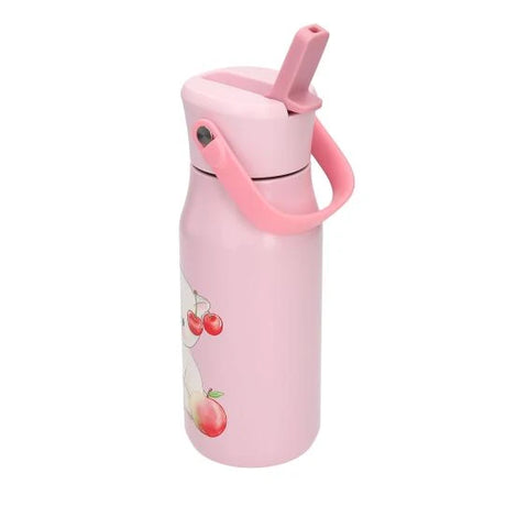 Princess Mimi pink drinking bottle side view with raised straw lid and handle