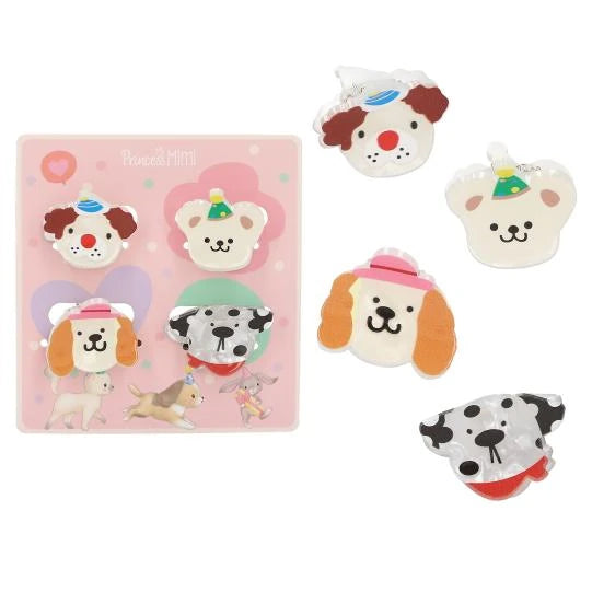 Princess Mimi hair clips shown on a pink display card and as four loose face designs in different colours.