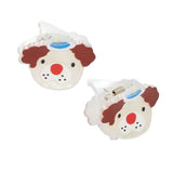 Princess Mimi hair clip with a white face, brown ears, red nose and blue hat, shown from the front and side.