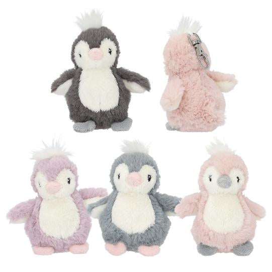 Princess Mimi Plush Baby Penguin Pendant in lilac, grey, dark grey and light pink, with an additional side view of the light pink pendant.