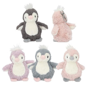 Princess Mimi Plush Baby Penguin Pendant in lilac, grey, dark grey and light pink, with an additional side view of the light pink pendant.