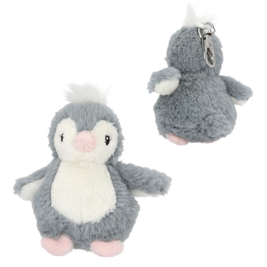 Lilac Princess Mimi Plush Baby Penguin Pendant shown from the front and back with a white tummy, pink feet and silver coloured metal clasp.