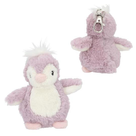 Lilac Princess Mimi Plush Baby Penguin Pendant shown from the front and back with a white tummy, pink feet and silver coloured metal clasp.