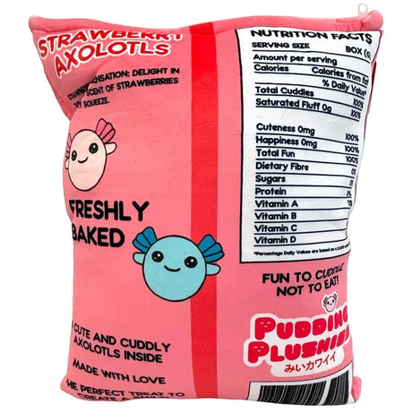 Back of Pudding Plushies Strawberry Axolotls packaging featuring product information and illustrated label details