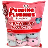 Front of Pudding Plushies Strawberry Axolotls packaging showing cute pink axolotl plush toys with pastel background