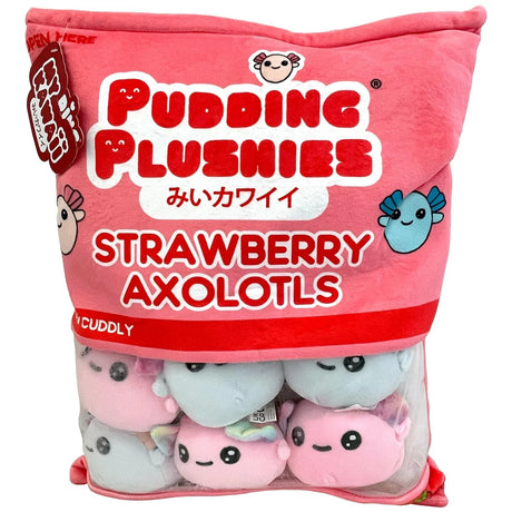 Front of Pudding Plushies Strawberry Axolotls packaging showing cute pink axolotl plush toys with pastel background