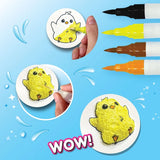 Puffy Art Adorables yellow chick design showing colouring pens, water application and the finished raised 3D picture