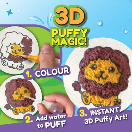 Puffy Art Adorables lion design showing the three steps of colouring, adding water and creating raised 3D artwork
