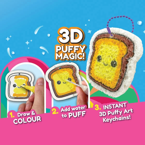 Puffy Art Foodies 3D Puffy Magic process showing colouring, adding water and the finished raised toast keychain