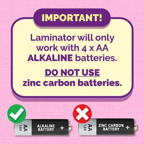 Puffy Pouches battery guide showing that the laminator requires 4 AA alkaline batteries