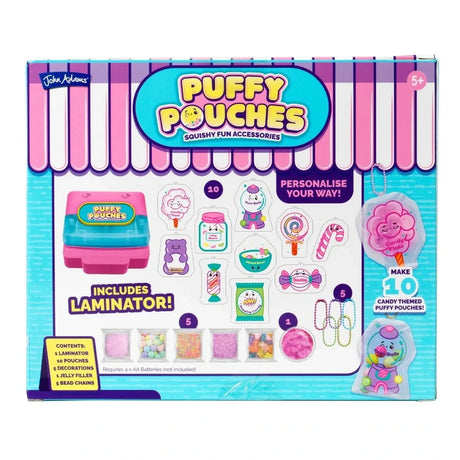 Back of Puffy Pouches Themed Set Candy box showing the laminator, 10 pouch designs, decorations, jelly filler and bead chains
